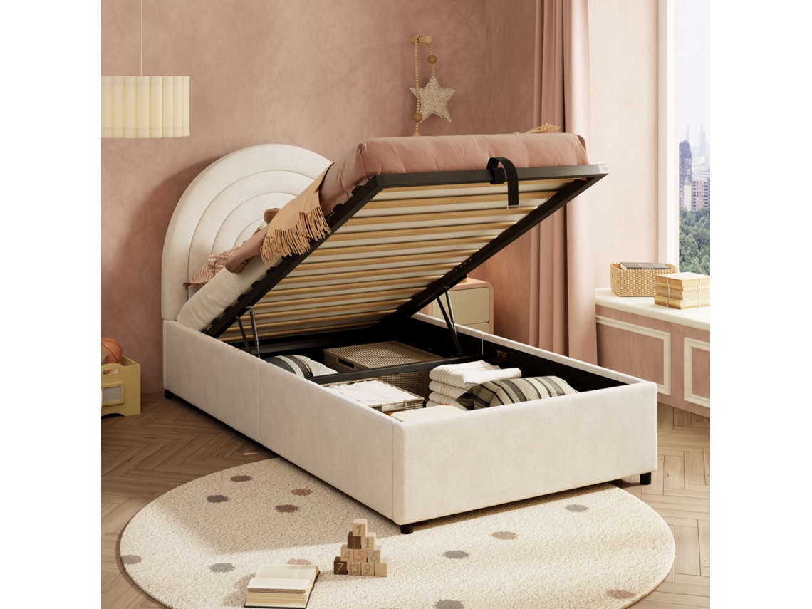 Cama 90x200 Estofada Ripas Cabeceira Veludo Bege VOLTEDGE