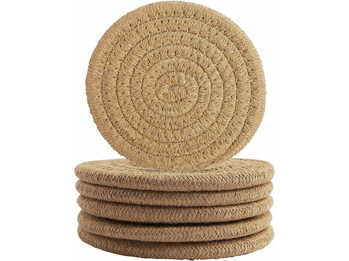 Conjunto de porta copos em tecido trançado, cor café, 11,5cm