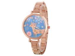 Relógio de quartzo analógico com pulseira de aço, mostrador floral e estampa de veado (ouro rosa)