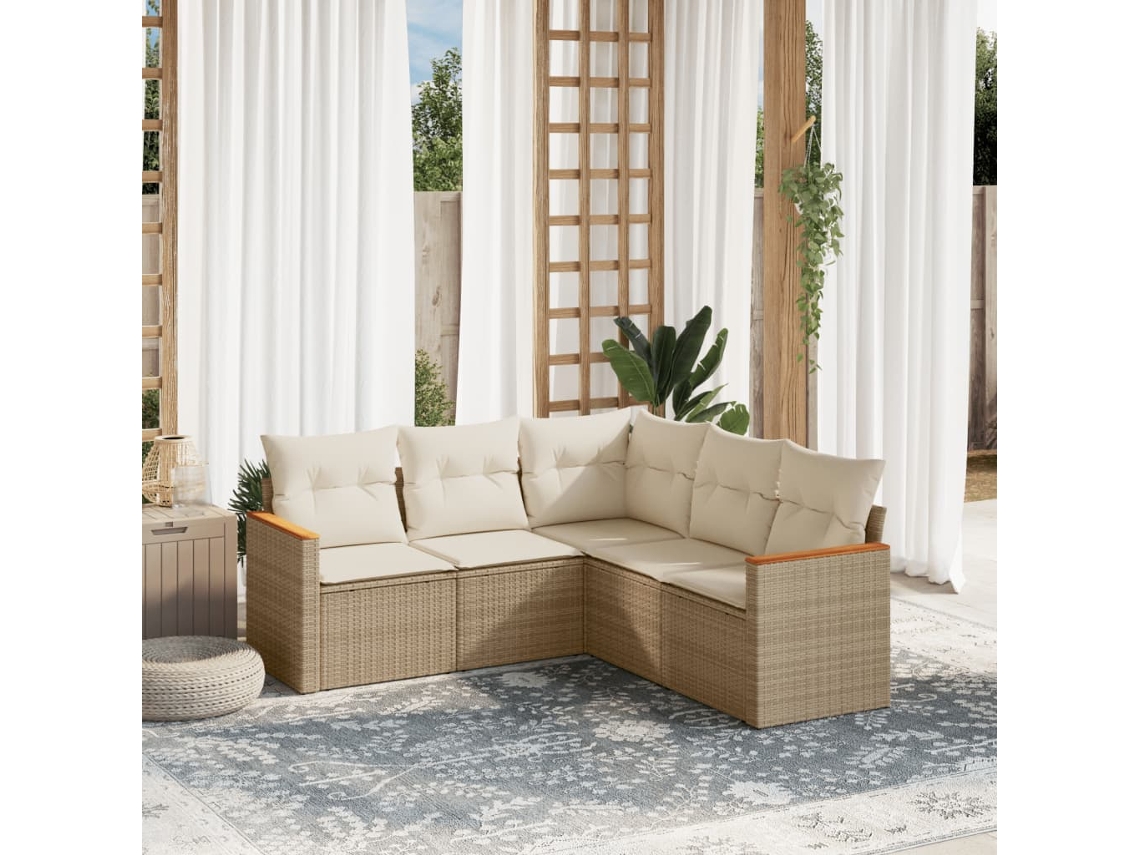 Vidaxl 5 Pcs Conjunto De Sofás P/ Jardim Com Almofadões Vime Pe Bege