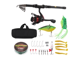 Mali kit de Vara de Pesca Telescópica de Carbono Preta com Molinete, Linha, Iscas e Anzóis para Água Doce e Salgada