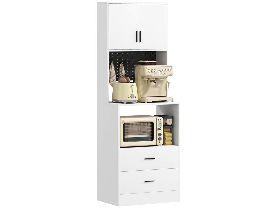 Armário Auxiliar de Cozinha com Suporte para Micro ondas, 2 Gavetas, 2 Portas e Painel de Metal Perfurado, Branco. ZENCORE SERVICES