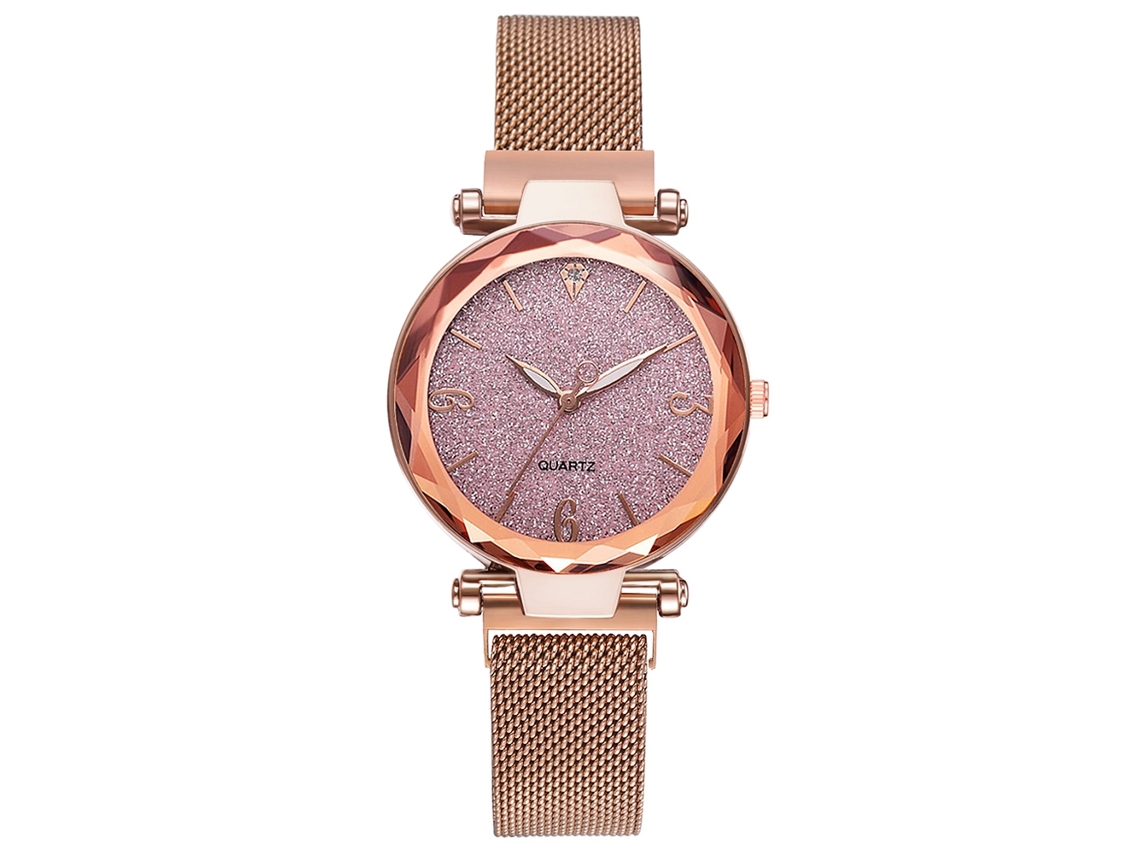 Relógio de Pulso Feminino de Quartzo com Fecho Magnético em Liga Mesh Rosa Dourado+rosa