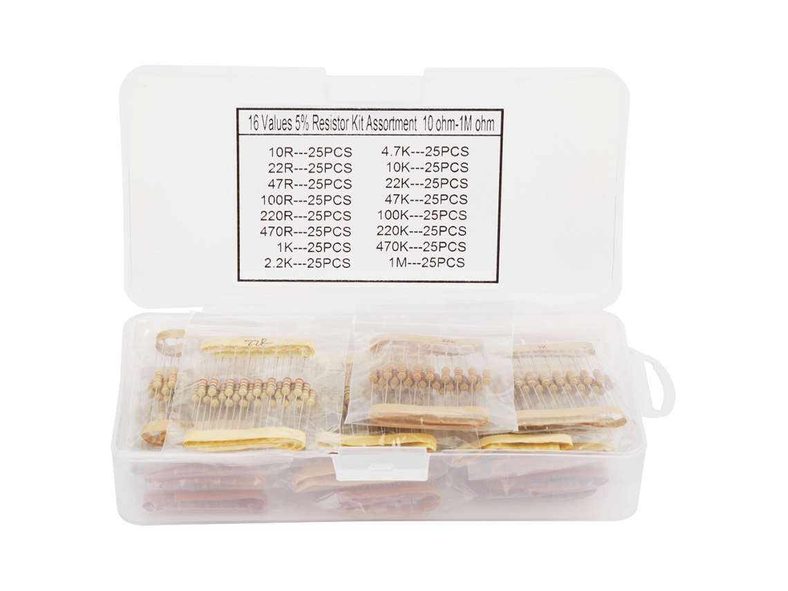 Kit de resistências de carbono 400 peças 16 valores 1/2W 10Ω a 1MΩ S/MARCA