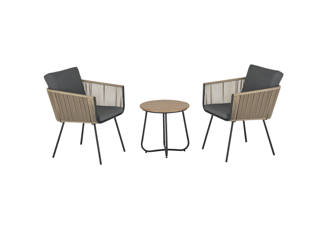 Conjunto de Móveis de Vime para Jardim com Mesa Redonda e 2 Poltronas com Almofadas Acolchoadas Cinza e Marrom BTFORUS