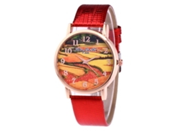 Relógio de pulso feminino de liga metálica, mostrador redondo, analógico, quartzo, vermelho.