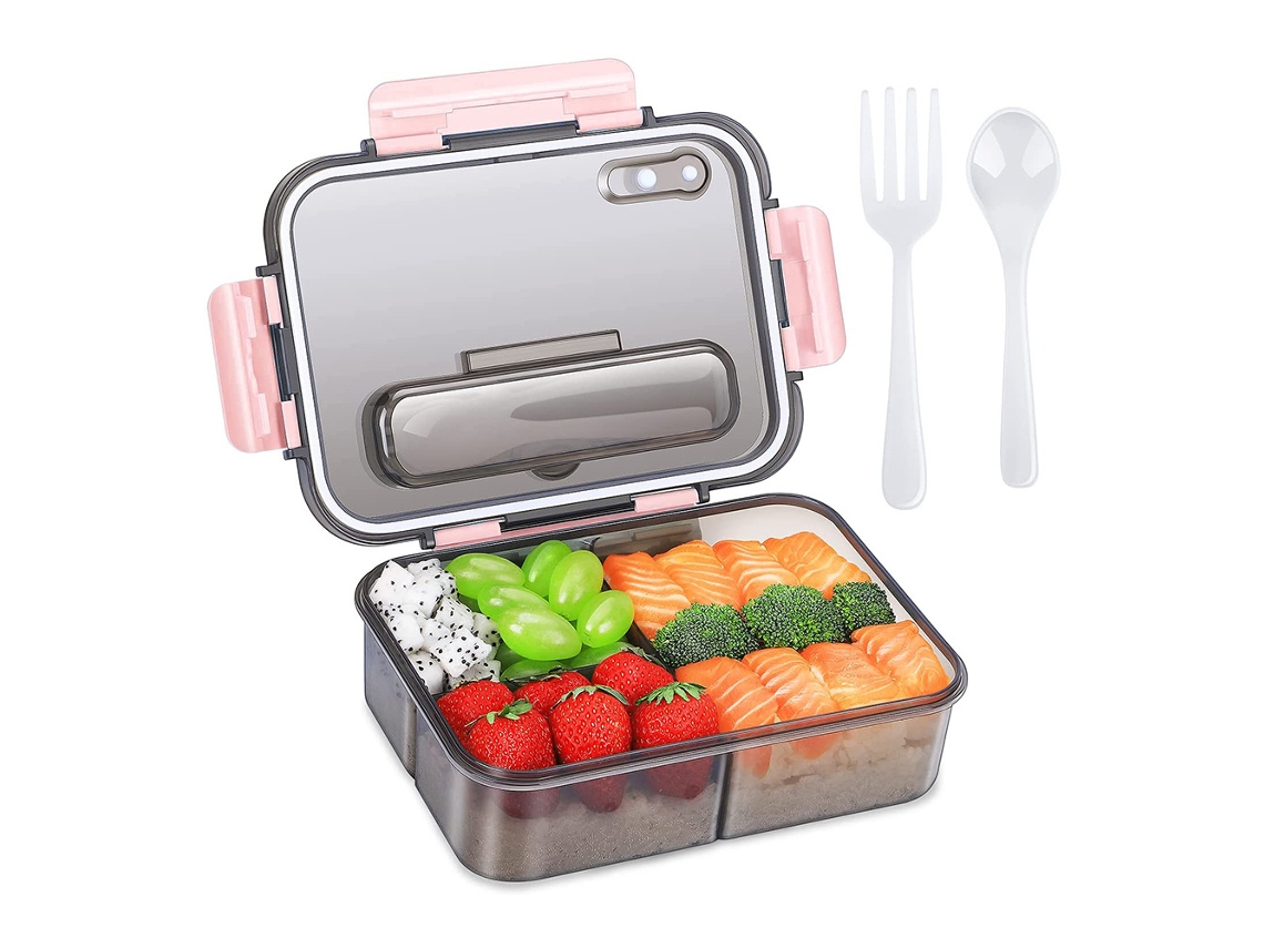 Lancheira Transparente Portátil Selada Bento com Talheres Rosa SUNNY SPACES