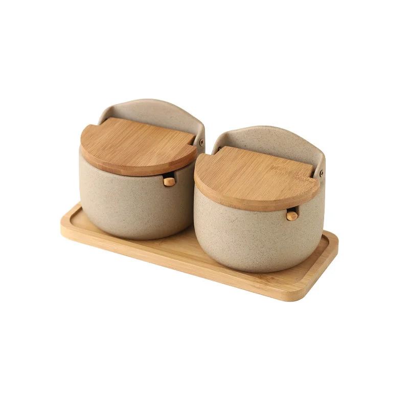 Conjunto de 2 Peças: Colher e Bule de Cerâmica Estilo Japonês com Tampa de Bambu, Recipiente Ecológico. MDUG