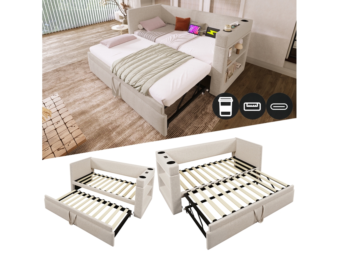Sofá Cama 90x190 Cm Com Camada Extra Usb Type-c Bege Sem Colchão