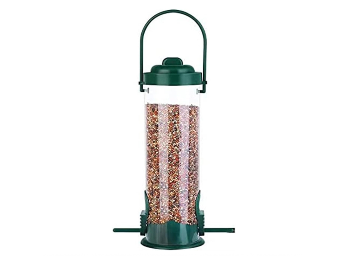 Comedouro De Jardim Para Pássaros – Alimentador Suspenso – Para Pequenos Pássaros – 7,5×7,5×24 Cm – Metal/pet – Verde
