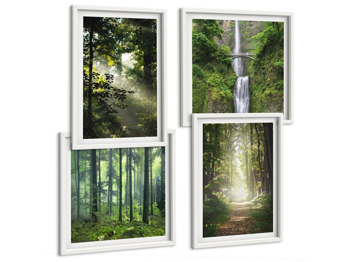 Composição De Quadros Florestas Verdes Cachoeiras Natureza Espelharte (4 Peças)