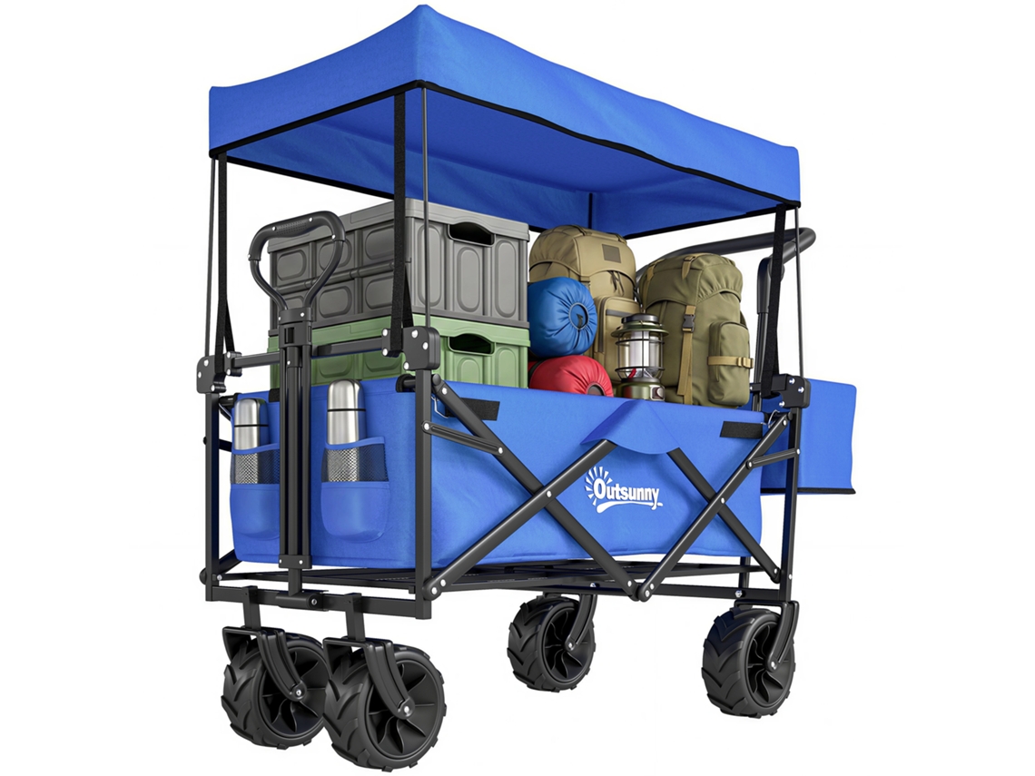 Carrinho Dobrável Com Teto, Alça, Cesta Dobrável De Transporte Todo-o-terreno, Carrinho De Transporte De Aço Preto Oxford Blue