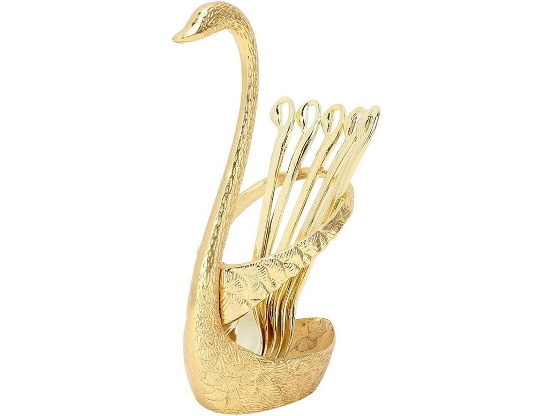 Set De 6 Cucharillas De Postre Mini, Acero Inoxidable Dorado Con Soporte De Cisne Para Mesa Y Regalo