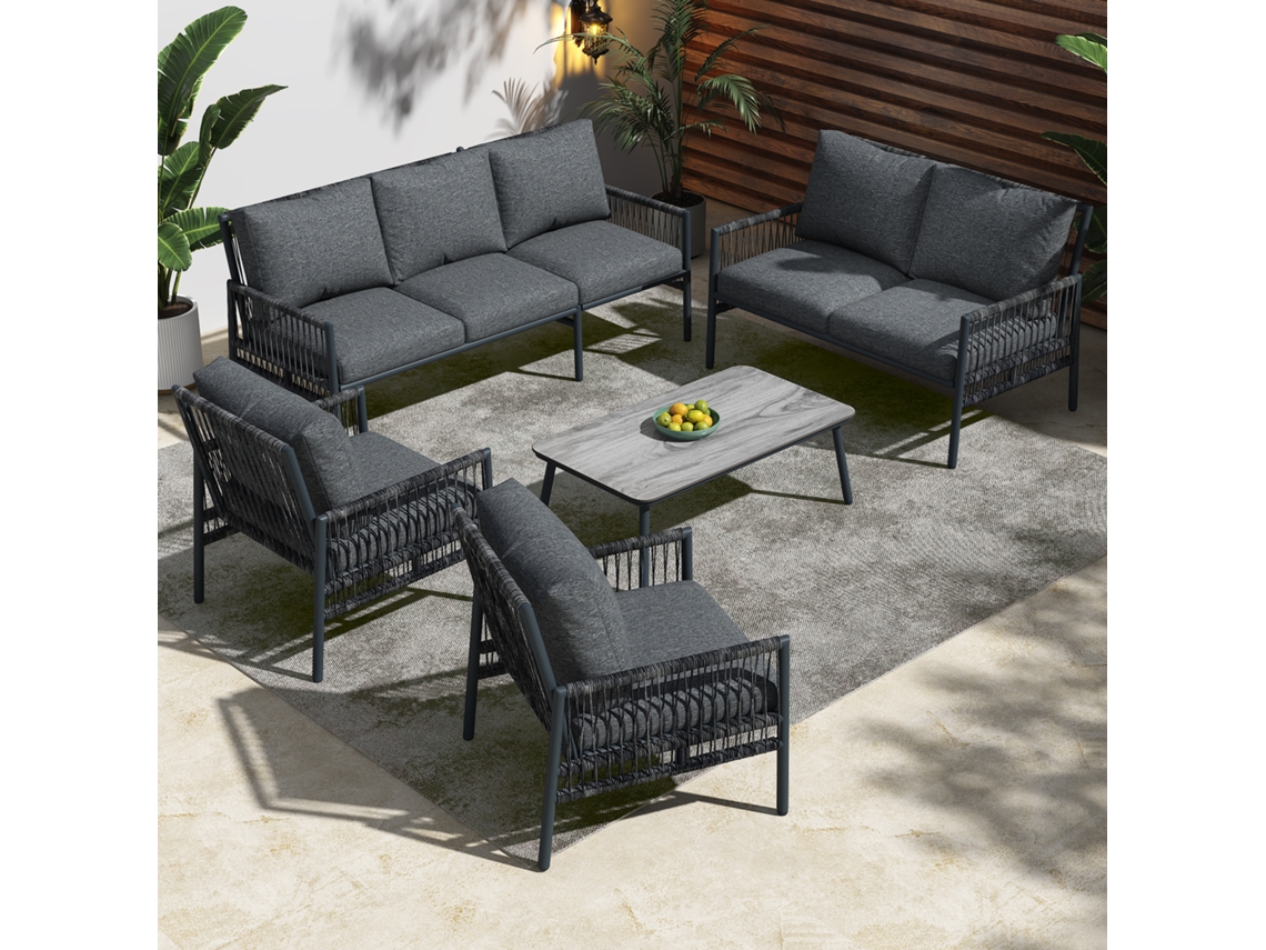 Set Exterior Jardim 7 Pessoas, Sofás Com Almofadas Removíveis, Mesa Vidro Imit. Madeira, Estrutura Resistente, Terraço E Jardim