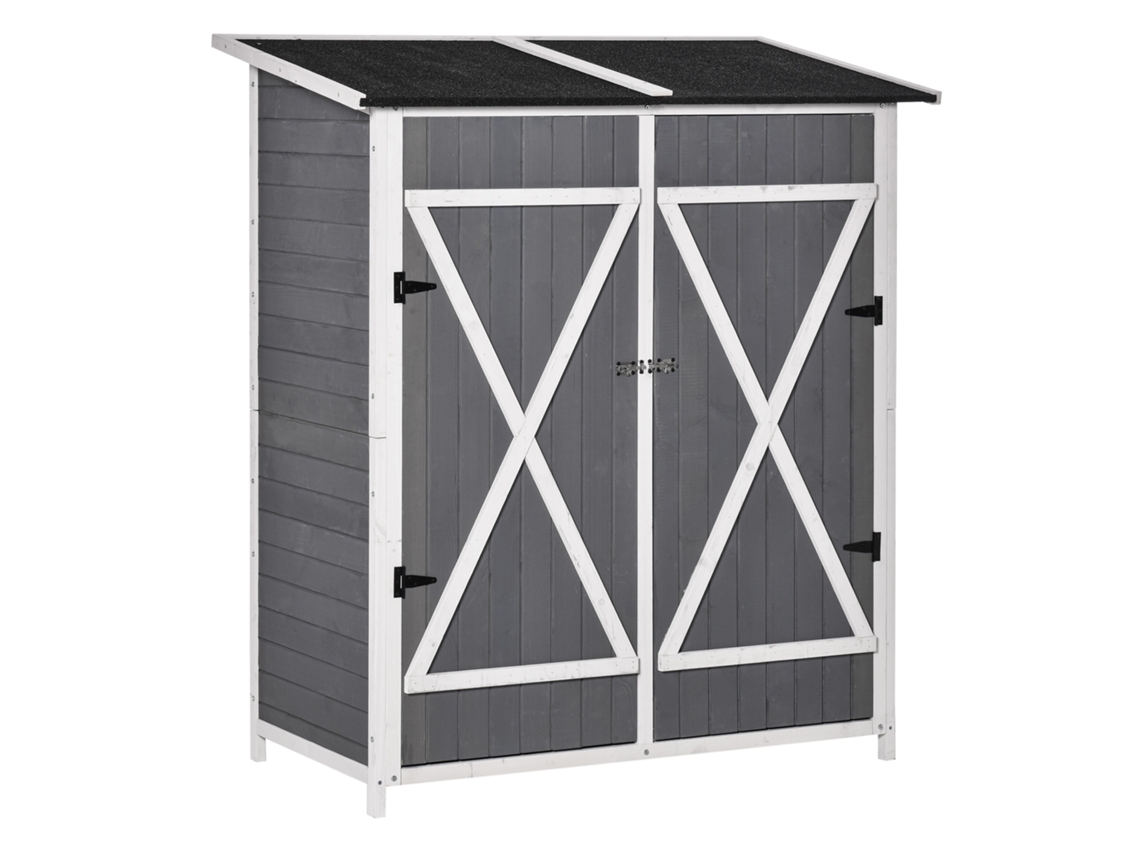 Armário de Jardim de Abeto 139x75x160cm, 2 Portas, Telhado de Asfalto, Anti despejo, Cinza+branco Ge