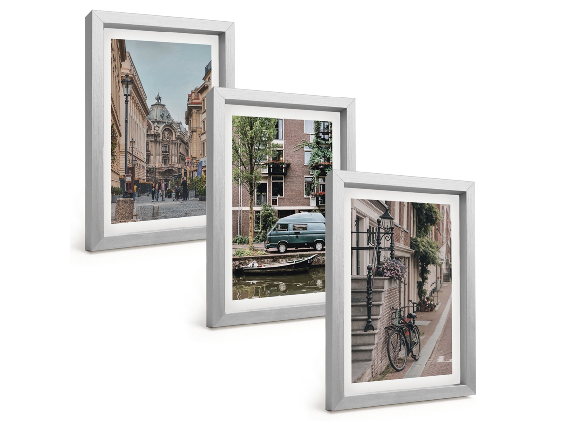 Conjunto De Pinturasvistas Urbanas De Edifícios Moldura Prateada Quadros Para A Sala De Estar Espelharte (3 Peças 20x30 Cm)