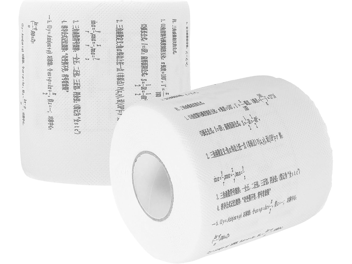 Pacote com 2 rolos de papel higiênico divertido GOKOCO, fácil transporte, fórmulas matemáticas