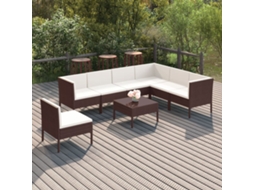 Vidaxl 8 Pcs Conjunto Lounge Jardim C/ Almofadões Vime Pe Castanho