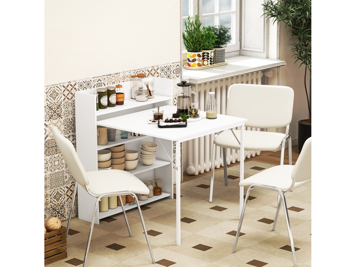 Folding Dining Table, Suitable For Small Spaces, With 4 Discreet Shelves, Folding Kitchen Table, Anti-tilt Function, White