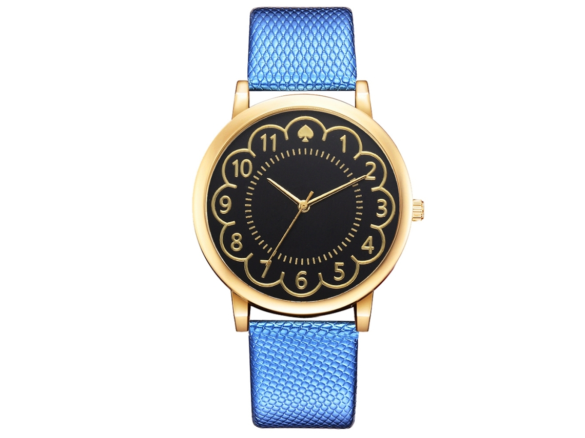 Relógio de Pulso Feminino de Moda com Pulseira Pu e Movimento de Quartzo Azul Vintage