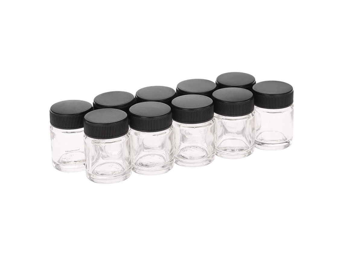 Conjunto de 10 frascos de vidro e PP para aerógrafo, 22 ml (3/4 oz), com tampa de plástico.