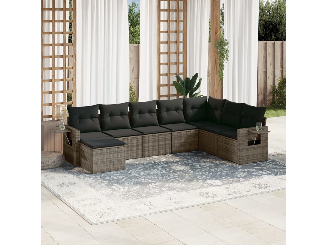 Vidaxl 8 Pcs Conjunto Sofás De Jardim C/ Almofadões Vime Pe Cinzento