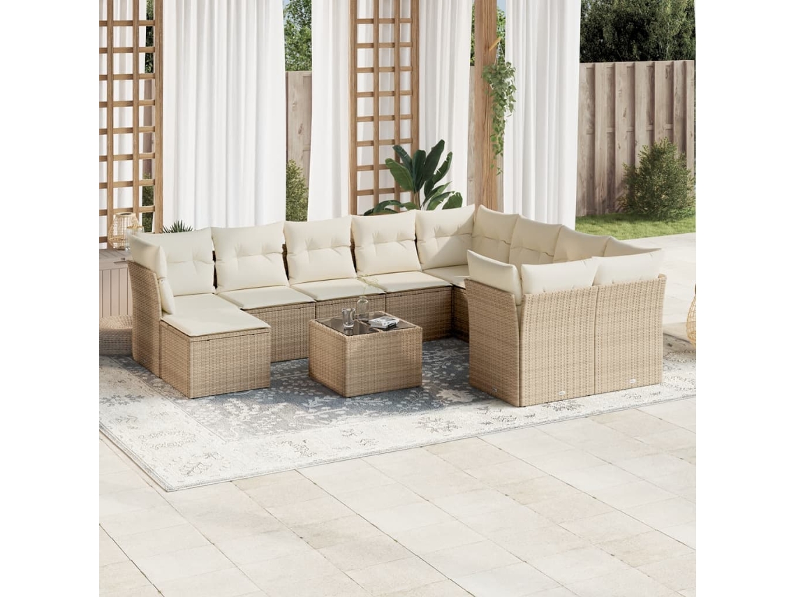 11 Pcs Conjunto Sofás De Jardim C/ Almofadões Vime Pe Bege Dkd Home Decor
