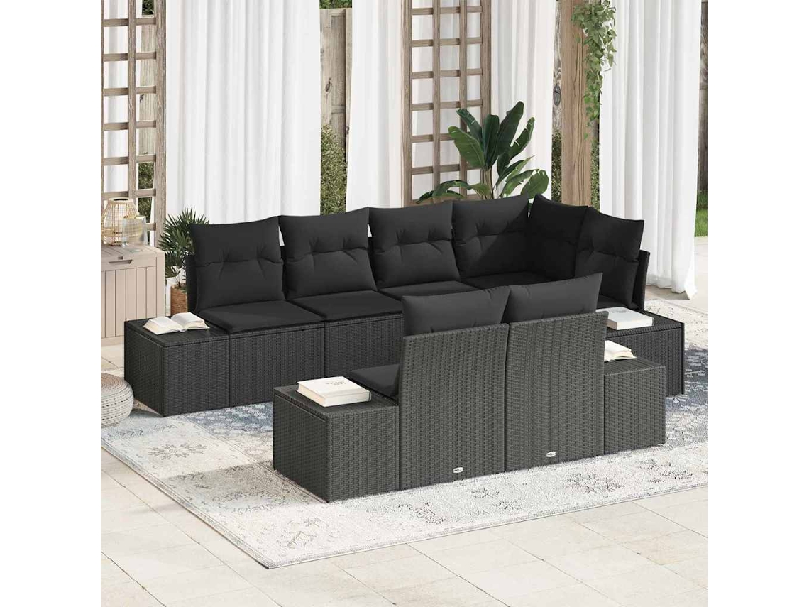 Vidaxl Conjunto De Sofá De Jardim 7 Unid. Preto Vime Pe