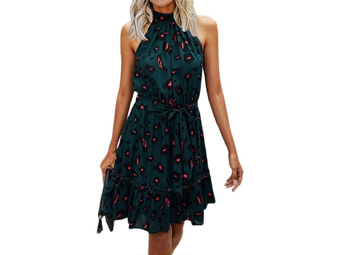 Vestido Halter Bóhemio Estampado Floral Ou Pontos Com Cinto Ajustável, Comprimento Até Joelhos, Feminino E Elegante Verde Escuro