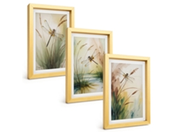 Composição De Quadros Na Paredelibélulas, Grama, Água, Pintura Moldura Dourada Quadros Para A Sala De Estar Espelharte (3 Peças 20x30 Cm)