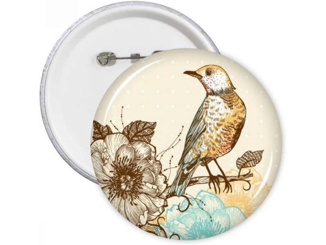 Conjunto de 5 Broches Redondos Diythinker com Desenhos Pássaros e Flores em Lápis Cor, para Decoração Roupas P