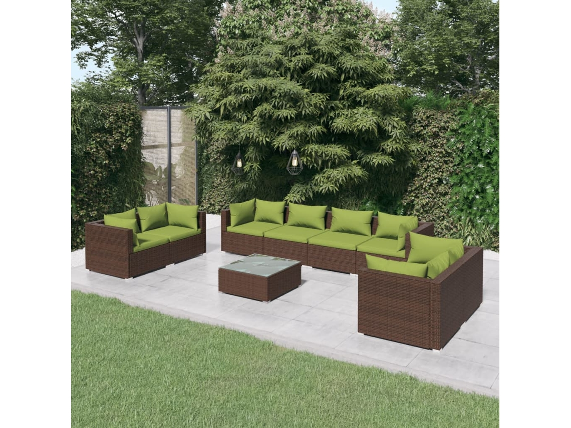 Vidaxl 9 Pcs Conjunto Lounge De Jardim C/ Almofadões Vime Pe Castanho