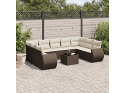 Vidaxl 10 Pcs Conj. Sofás Jardim Com Almofadões Vime Pe Castanho