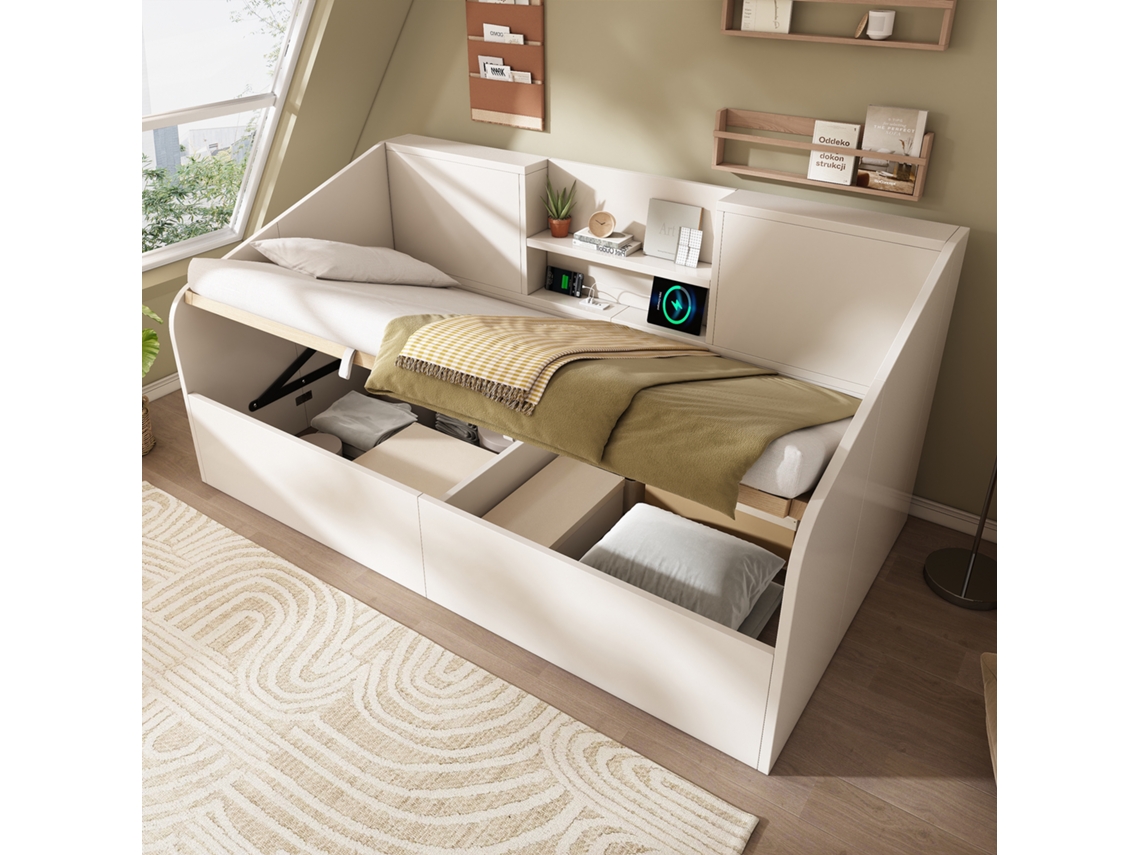 Sofá-cama Hidráulico Branco 90x190 Com Prateleiras Usb-c E Base Rígida