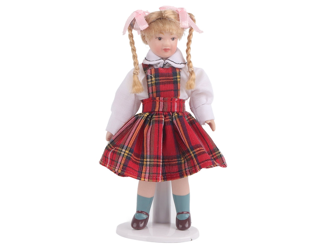 Ats muñeca Porcelana Miniatura 1:12 de Casa de Muñecas Con Vestido Vermelho e Trança Longa Modelo de Brinquedo