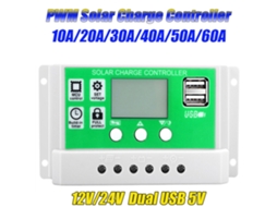 Controlador de Carga Solar 60A 12V/24V, Pwm, com Display LCD e Porta USB Dupla | S/MARCA