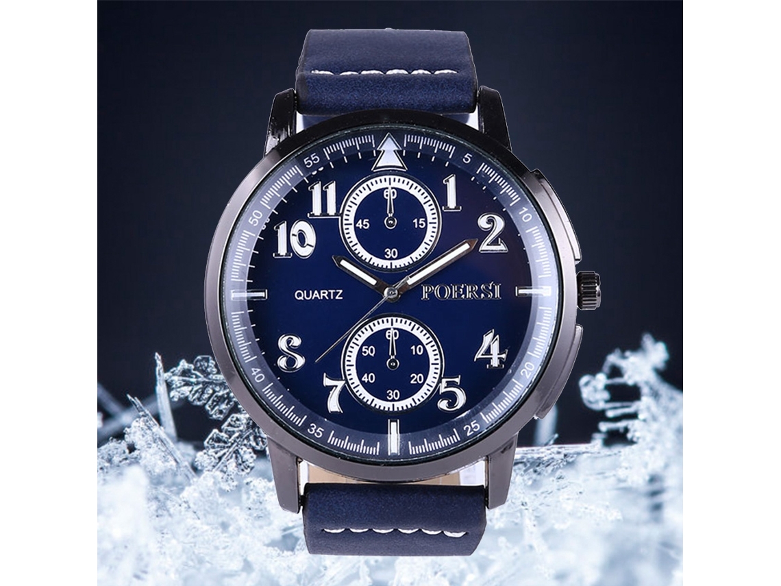 Relógio masculino de quartzo com pulseira de couro PU, mostrador redondo, azul moderno.