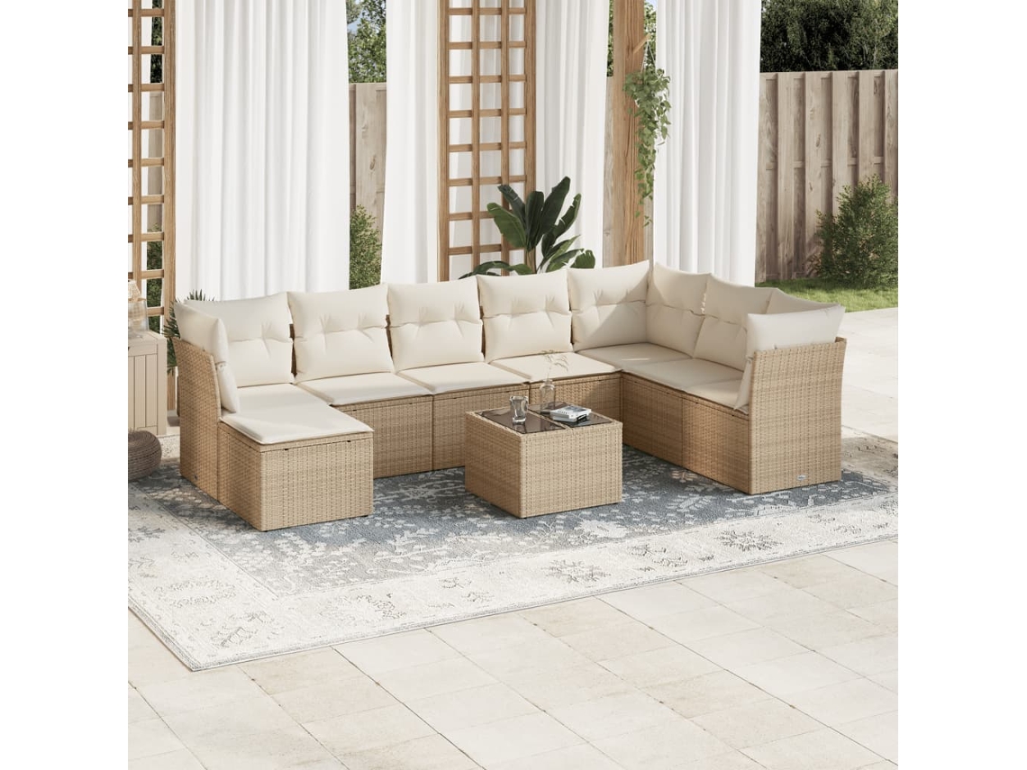 Vidaxl 9 Pcs Conjunto De Sofás P/ Jardim Com Almofadões Vime Pe Bege