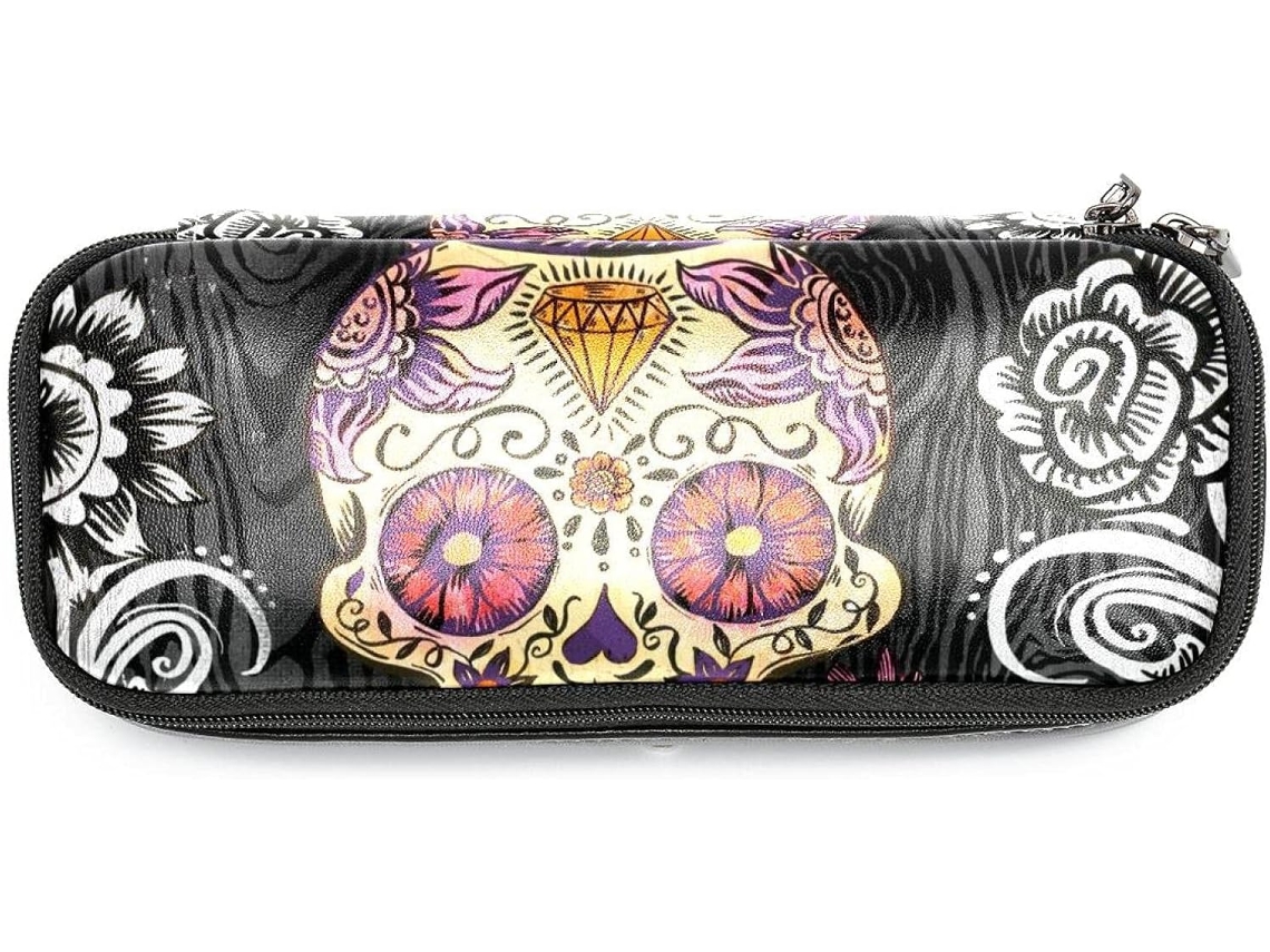 Estojo Grande Com Estampa De Caveira E Margarida Mexicana, Organizador De Canetas, Nécessaire, Mochila Escolar, Bolsa