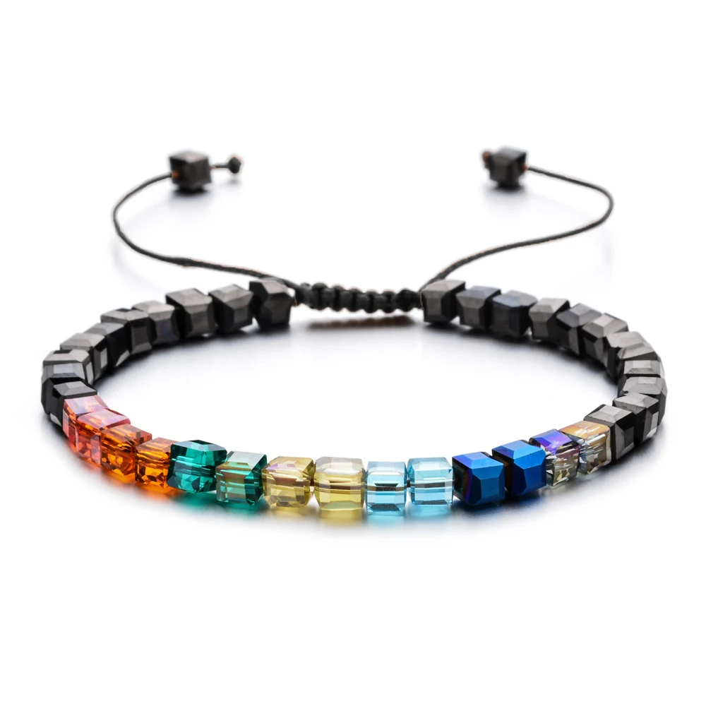 Pulseira Quadrada com Contas de Cristal e Cordão Trançado Ajustável. MDUG