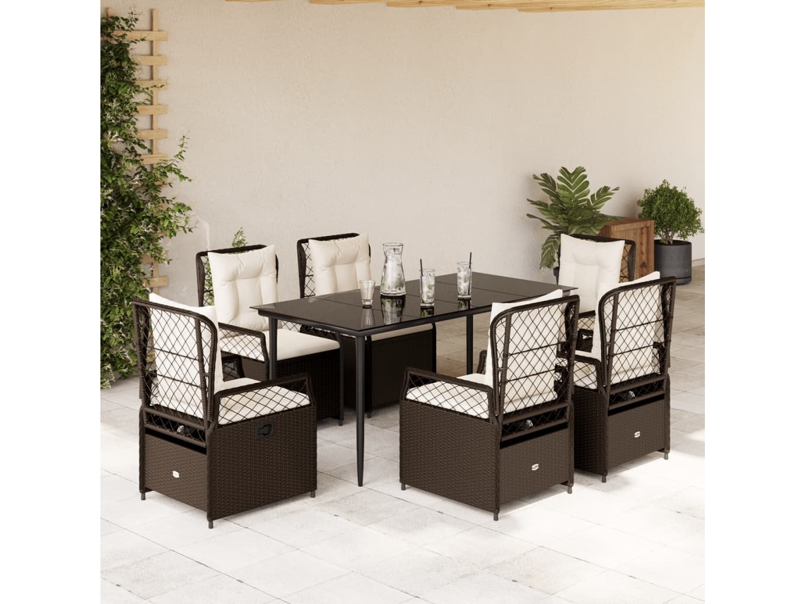 7 Pcs Conjunto Jantar P/ Jardim C/ Almofadões Vime Pe Marrom Dkd Home Decor