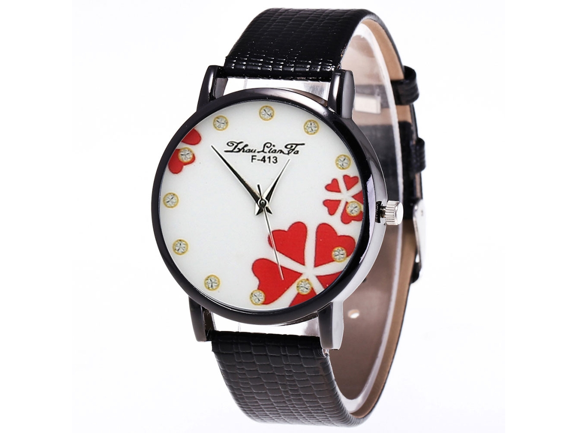 Relógio feminino de quartzo com pulseira de couro PU, mostrador redondo e pedras, preto Zhoulianfa