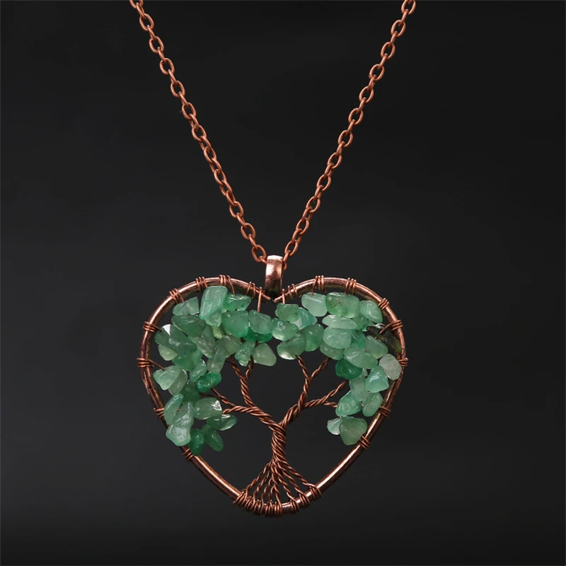 Colar com Pingente em Forma de Coração de Cristal de Aventurina Verde para Cura Dos Chakras, Representando a Árvore da Vida. MDUG