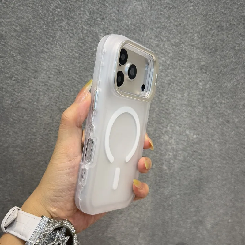 Capa Magnética Para Celular Com Suporte Para Lente (iphone 15 Plus Branco), Acabamento Fosco, Resistente A Impactos.