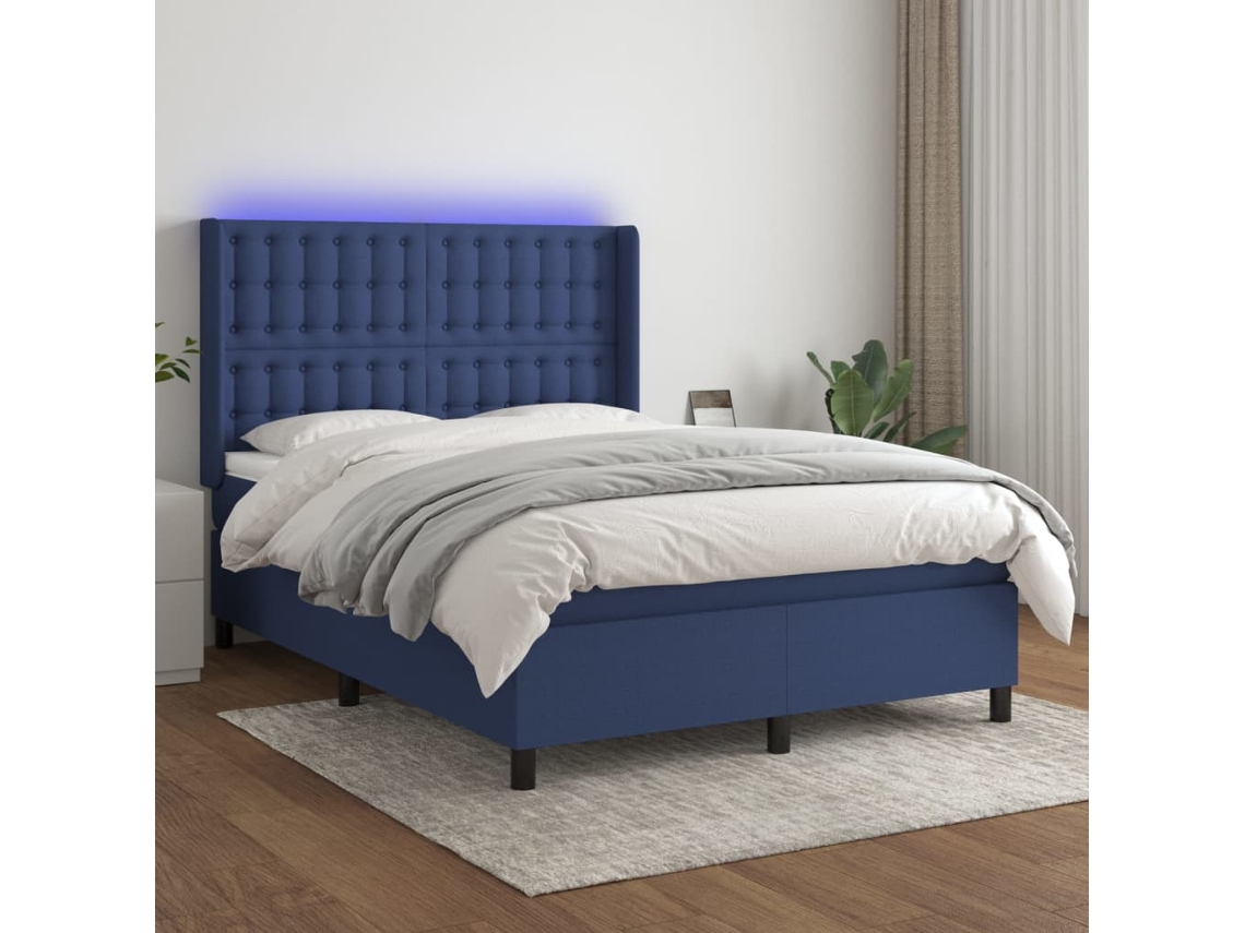 Vidaxl Cama Box Spring C/ Colchão E Led 140x200 Cm Tecido Azul
