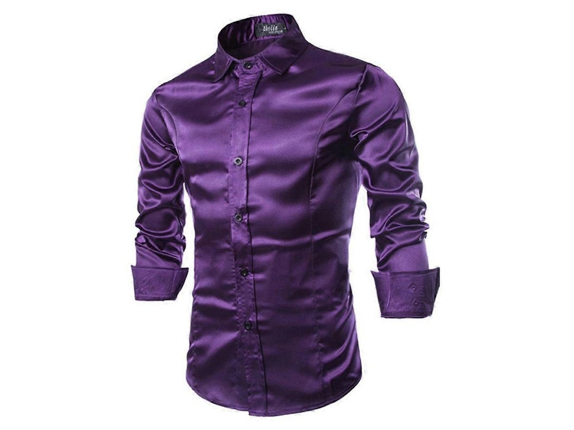 Camisa Social Masculina Luxuosa de Satin Brilhante Manga Longa Slim Fit Casual Botões XL Púrpura