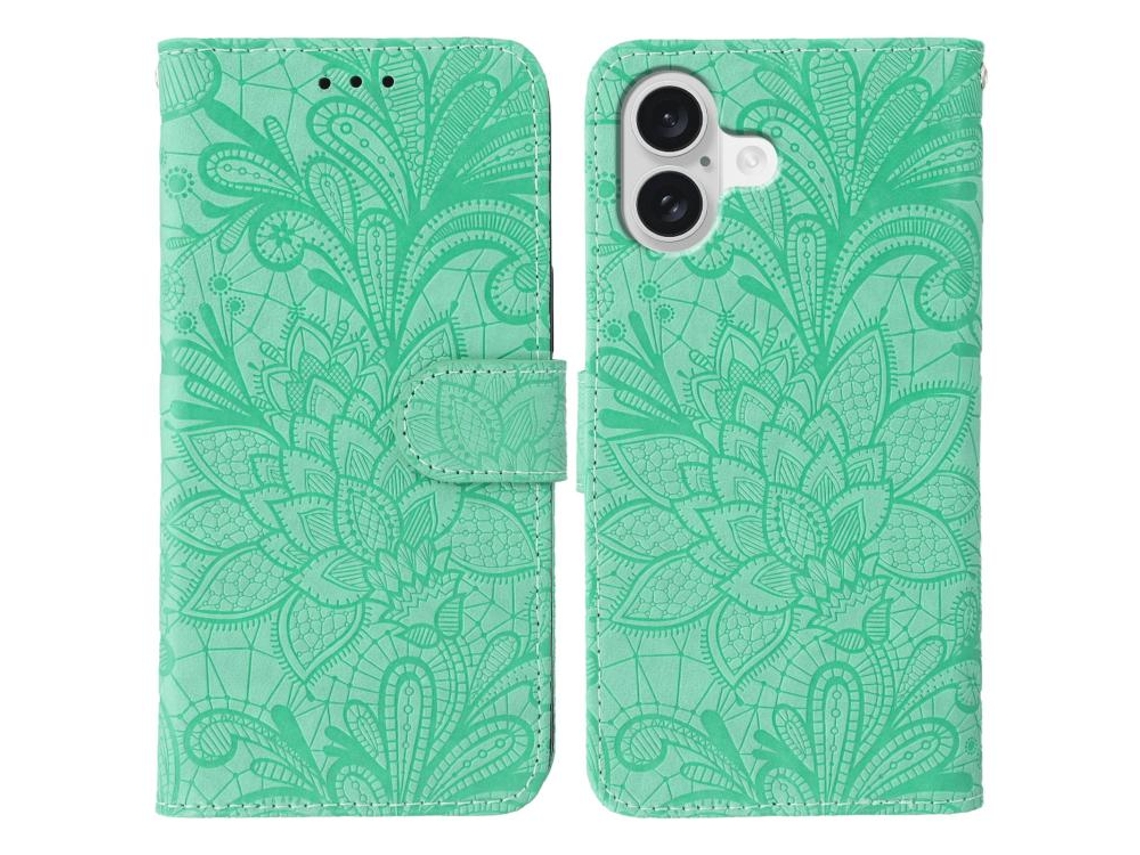 Capa De Couro Para Iphone 17 Com Detalhes Em Renda Floral E Design Em Relevo.
