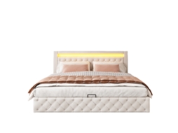 Cama estofada 180x200cm com estrado de ripas, armazenamento e iluminação led, branca, em pu PAPRIKA
