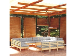 Vidaxl 14pcs Conjunto Lounge De Jardim + Almofadões Cinza Pinho Maciço