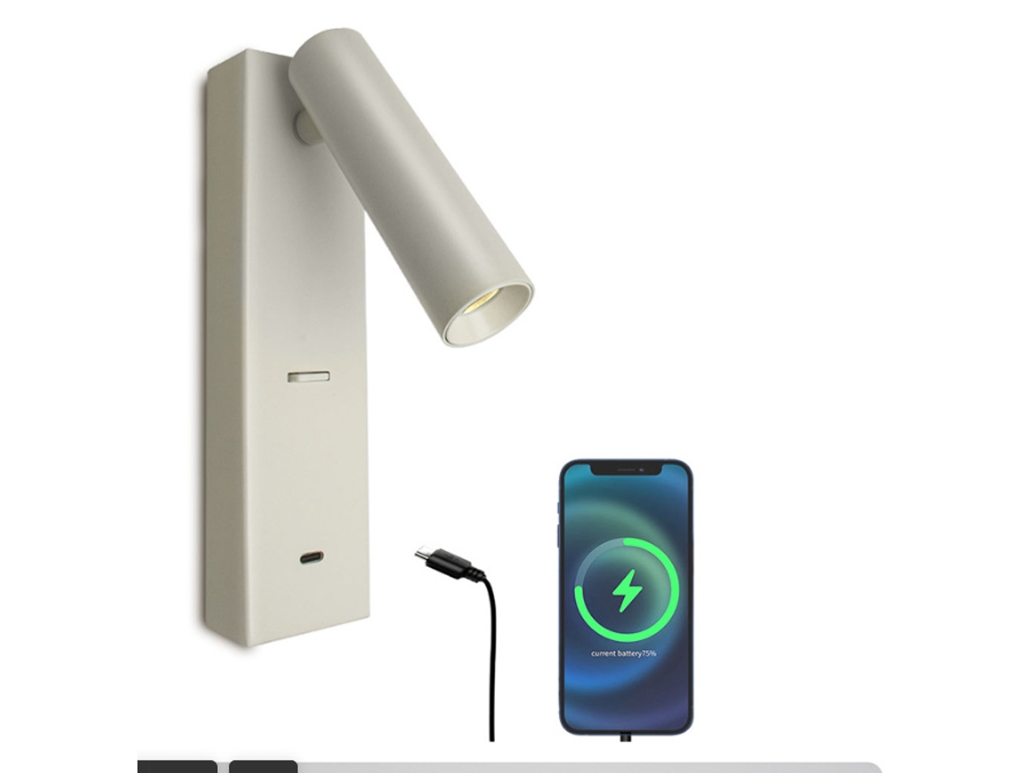 Candeeiro De Parede Para Leitura (cabeceira) Recarregável Via Usb-c (branco Neutro: 4000-4500k) – 200x50x75mm